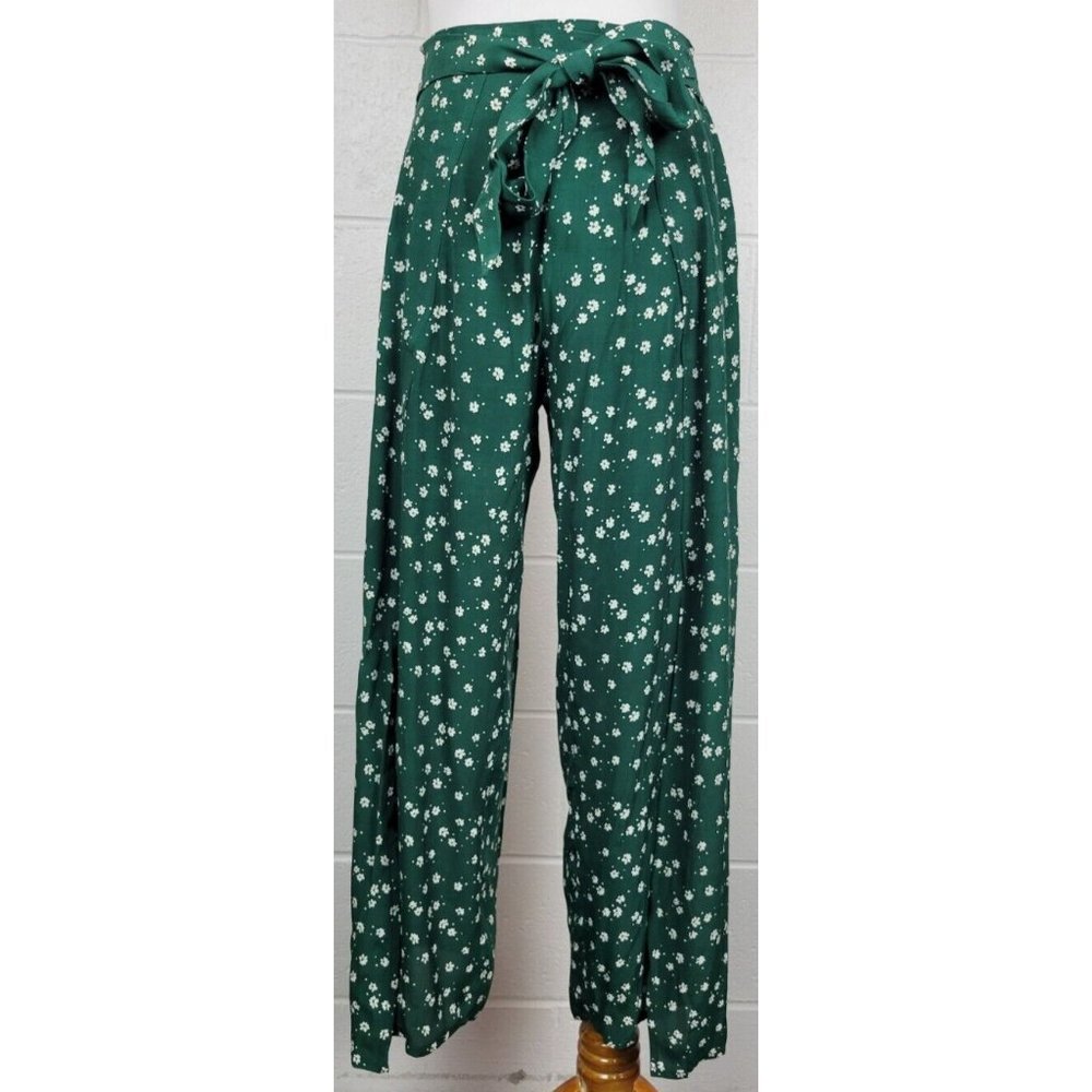 Faithful the Brand Summer Cropped Wide Leg Pants Green Floral Rayon 6